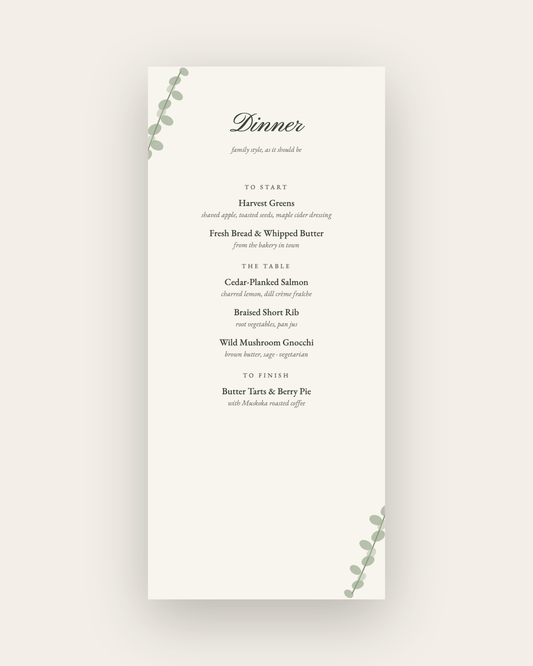 The Muskoka — Menu Card